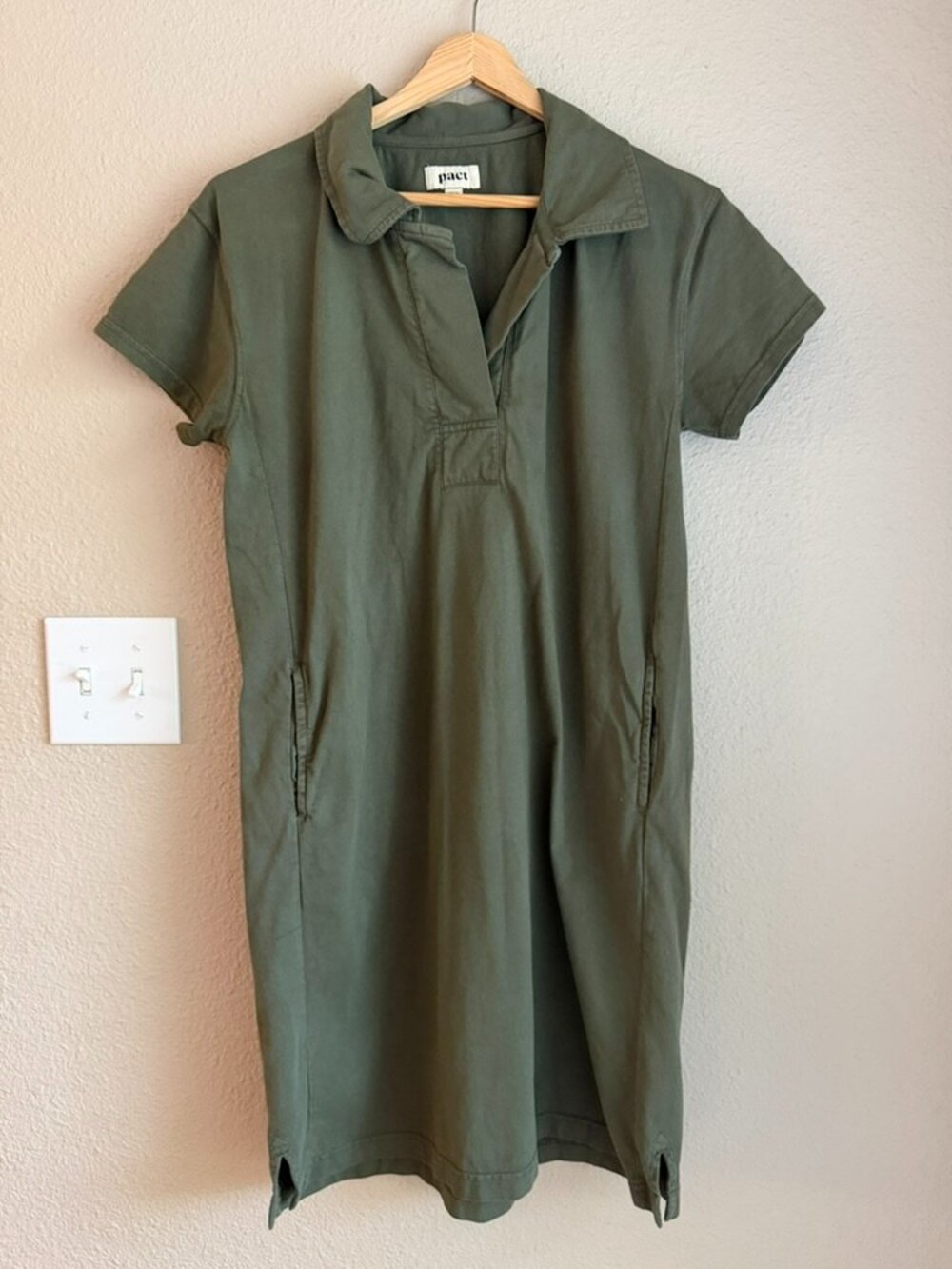 Pact Organic Cotton Green Polo T-Shirt Dress Size M Casual Pocket Tee Dress